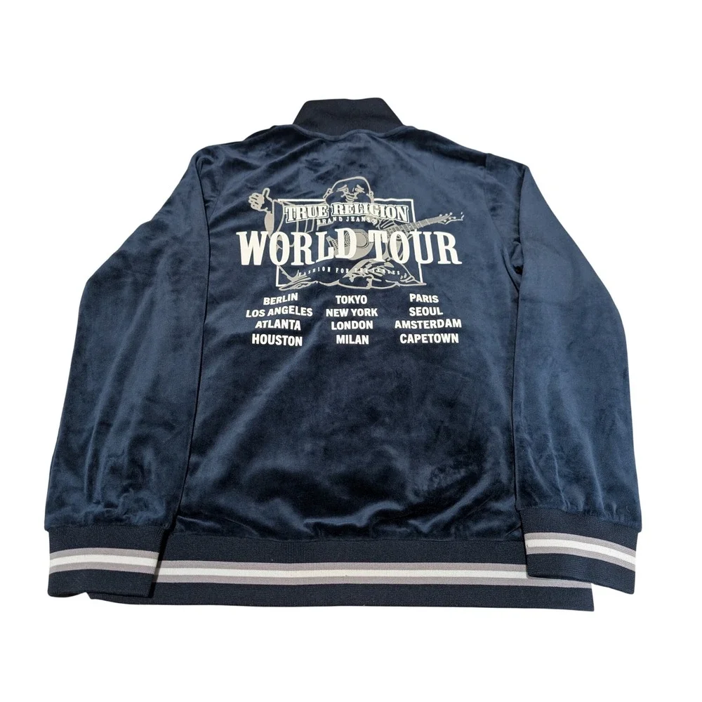 True Religion Track Jacket Mens S Navy World Tour Velour Zip Up Striped Ribbed